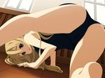  1girl all_fours ass bare_shoulders blonde_hair blue_eyes breasts cameltoe highres k-on! kotobuki_tsumugi legs long_hair looking_at_viewer minarui open_mouth solo swimsuit thighs window 