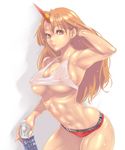  abs armpits bad_id bad_pixiv_id blonde_hair bottle breasts covered_nipples hair_tucking horn hoshiguma_yuugi jubakurei large_breasts long_hair looking_at_viewer muscle muscular_female red_eyes shorts solo sweat touhou underboob water_bottle 