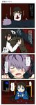  2girls 4koma aruva blue_flower blue_rose blush brown_hair closed_eyes comic flower gameplay_mechanics garry_(ib) hair_over_one_eye highres ib ib_(ib) lady_in_blue_(ib) long_hair multiple_girls painting_(object) petals red_eyes rose smile translated trembling 