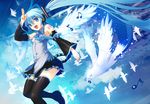  bird blue_eyes blue_hair boots cloud detached_sleeves dove feathered_wings flock hatsune_miku hirokiku long_hair musical_note sky smile thighhighs twintails very_long_hair vocaloid wings 