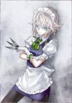  apron ascot bad_id bad_pixiv_id banned_artist black_legwear blue_eyes bow braid crossed_arms frills hair_bow izayoi_sakuya knife kozou_(soumuden) maid_headdress pantyhose silver_hair skirt solo touhou twin_braids waist_apron 