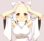  1girl adjusting_hair animal_ears armpits arms_up blush breasts detached_sleeves eyebrows forehead hat hikimayu inubashiri_momiji large_breasts polka_dot polka_dot_background red_eyes short_hair simple_background smile solo tail tokin_hat touhou upper_body white_hair wolf_ears wolf_tail 