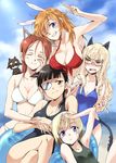  ^_^ agahari animal_ears arm_up armpits bikini blonde_hair blue_eyes blue_swimsuit blush breast_envy breast_rest breasts breasts_on_head brown_eyes brown_hair bunny_ears cat_ears cat_tail charlotte_e_yeager cleavage closed_eyes crossed_legs day dog_ears erica_hartmann eyepatch front-tie_top full-face_blush glasses grin hand_on_own_cheek large_breasts lens_flare long_hair medium_breasts minna-dietlinde_wilcke miyafuji_yoshika multiple_girls o-ring o-ring_top one-piece_swimsuit one_eye_closed perrine_h_clostermann red_bikini red_hair sakamoto_mio silhouette_demon sitting sky small_breasts smile strike_witches swimsuit tail white_bikini world_witches_series yellow_eyes 