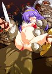  1girl all_the_way_through anal asamiya_athena breasts cum defeated hairband helmet helpless impregnation inflation king_of_fighters large_breasts long_hair monster nipples orc purple_eyes purple_hair rape restrained rolling_eyes sex shield smash_daisaku snk stomach_bulge sword tears warrior weapon 