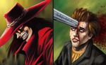  alucard angryangler black_hair blood brown_hair clothed clothing coat duo edward_cullen eyewear glasses gun hair hat hellsing male nose ranged_weapon red_eyes sharp_teeth sunglasses teeth the_twilight_saga undead vampire weapon 