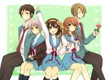  3girls asahina_mikuru book brown_eyes brown_hair cardigan flower grey_hair kita_high_school_uniform koizumi_itsuki kyon long_hair multiple_boys multiple_girls nagato_yuki rose school_uniform serafuku shirase_(azure) short_hair suzumiya_haruhi suzumiya_haruhi_no_yuuutsu 