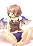  alternate_costume animal_ears bad_id bad_pixiv_id barefoot brown_eyes feet_together midriff mystia_lorelei navel nise_nanatsura no_hat no_headwear open_mouth pink_hair short_hair short_shorts shorts sitting smile solo touhou wings 