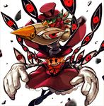  27_degrees avery_(skullgirls) bow dress eye_socket gloves grin hat mechanical_arms orange_hair peacock_(skullgirls) red_eyes sharp_teeth short_hair skullgirls smile solo teeth top_hat 