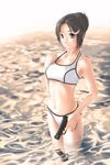  bikini black_hair blue_eyes breasts gun hair_ornament handgun highres kirin404 medium_breasts original pistol reflection short_hair solo sports_bikini swimsuit underboob wading walther walther_p99 water weapon 