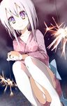  fireworks highres japanese_clothes kimono oouso original panties pantyshot pantyshot_(squatting) pink_kimono senkou_hanabi solo sparkler squatting thighhighs underwear yukata 