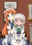  alternate_costume apron apron_grab blue_dress blue_eyes blush braid dress enmaided fidgeting hair_ribbon hands_on_shoulders hong_meiling izayoi_sakuya kanosawa long_hair maid maid_headdress multiple_girls red_hair ribbon short_hair silver_hair standing touhou twin_braids wrist_cuffs younger 