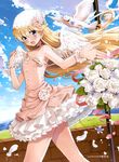  absurdres angel_wings bare_shoulders bird blonde_hair bouquet chiba_sadoru choker cloud day dove flower frills highres jewelry long_hair open_mouth original outdoors petals ring rose scrunchie skirt solo tossing white_flower white_rose wings wrist_cuffs wrist_scrunchie 