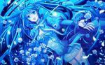  aqua aqua_eyes aqua_hair blue blue_flower blue_rose bouquet flower hair_ribbon hatsune_miku highres long_hair mikumix moon night ribbon rose smile solo thighhighs twintails very_long_hair vocaloid wallpaper yuuno_(yukioka) zettai_ryouiki 