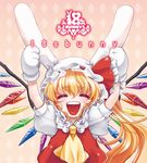  :d animal_ears arms_up blonde_hair bunny_ears closed_eyes ear_grab flandre_scarlet gloves hat hat_with_ears namisaki_yuka open_mouth paw_gloves paws side_ponytail smile solo touhou upper_body wings 