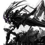  armor bad_id bad_pixiv_id belt black_hair black_rock_shooter burning_eye chain greaves huge_weapon insane_black_rock_shooter long_hair monochrome scar shorts solo spot_color stitches thighhighs tone_g twintails weapon 