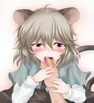  1girl ahoge animal_ears blush capelet grey_hair hands hetero jewelry licking mouse_ears mouse_tail nazrin pendant red_eyes saliva shimo_(depthbomb) tail tears tongue touhou 