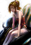  bare_legs bare_shoulders blue_eyes brown_hair chair dress final_fantasy final_fantasy_vi hair_between_eyes lips mujiha ponytail scrunchie sitting solo strapless strapless_dress tattoo tina_branford 