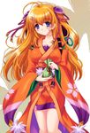  antenna_hair bag blue_eyes blush breasts coupytwo galzoo_island hair_ornament hair_ribbon hairpods japanese_clothes kimono kusushi large_breasts long_hair miniskirt orange_hair ribbon skirt smile solo standing thighs very_long_hair 