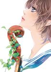  bangs blue_eyes blue_neckwear brown_hair cello collarbone eyelashes from_side instrument ivy looking_up original overgrown parted_lips plant portrait profile red_lips sailor_collar short_hair simple_background solo tung&amp;daisy vines white_background white_sailor_collar 