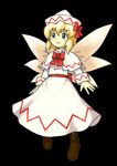  blonde_hair blue_eyes blush boots dress fairy_wings hat lily_white oota_jun'ya_(style) parody simple_background smile solo style_parody touhou wings 