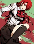  bad_id bad_pixiv_id boots bow hair_over_one_eye hitoha kirijou_mitsuru knee_boots long_hair open_mouth persona persona_3 red_eyes red_hair school_uniform skirt smile solo 