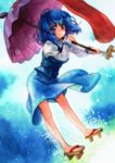  bad_id bad_pixiv_id blue_eyes blue_hair blush full_body geta heterochromia karakasa_obake ne-on purple_umbrella red_eyes smile solo tatara_kogasa tongue touhou umbrella 