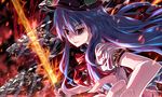  blue_hair food fruit hat hinanawi_tenshi kabutoyama keystone long_hair peach red_eyes solo sword sword_of_hisou touhou weapon 