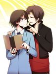  bad_id bad_pixiv_id book brown_hair durarara!! glasses hand_on_shoulder kishitani_shinra multiple_boys orihara_izaya short_hair teasing uka_(color_noise) 