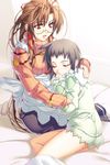  antenna_hair apron black_hair closed_eyes glasses hair_ribbon hanawa_momiji hug jingai_makyou kumon_megumi long_hair multiple_girls nishii_(nitroplus) orange_shirt ribbon shirt short_hair skirt sleeping smile striped sweater thumb_sucking turtleneck 