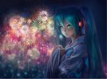  aerial_fireworks aqua_hair bad_id bad_pixiv_id fireworks green_eyes hatsune_miku japanese_clothes long_hair night occult_soda smile solo twintails vocaloid 