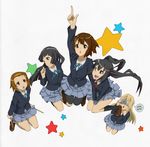  :d absurdres akiyama_mio arm_up bad_id bad_pixiv_id black_eyes black_hair black_legwear blazer blonde_hair blush_stickers brown_eyes brown_hair camera chiro. drumsticks hair_ornament hairband hairclip highres hirasawa_yui jacket jumping k-on! kneehighs kotobuki_tsumugi loafers multiple_girls nakano_azusa open_mouth pantyhose ribbon school_uniform shoes short_hair simple_background skirt smile socks star tainaka_ritsu twintails white_legwear 