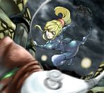  1girl aqua_eyes blonde_hair bodysuit game_console metroid ponytail samus_aran solo wii zero_suit 