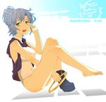  aqua_eyes barefoot blue_eyes blue_hair bracelet covered_navel feet happy_birthday highres hood hood_down jewelry kumoi_ichirin navel one-piece_swimsuit shoes short_hair single_shoe smile solo swimsuit toes touhou tsukinami_kousuke unzan 