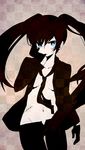  black_hair black_rock_shooter black_rock_shooter_(character) blue_eyes formal gloves jacket kl long_hair navel necktie open_clothes open_shirt pale_skin pant_suit scar shirt solo suit twintails uneven_twintails very_long_hair 