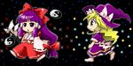  bangs black_background blonde_hair blunt_bangs bow dithering gohei hair_bow hair_tubes hakurei_reimu hakurei_reimu_(pc-98) hat kirisame_marisa kirisame_marisa_(pc-98) long_hair lotus_land_story multiple_girls pixel_art pote_(ptkan) purple_eyes purple_hair red_bow ribbon-trimmed_sleeves ribbon_trim smile socks star starry_background touhou touhou_(pc-98) walking witch_hat yellow_eyes yin_yang 