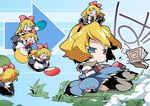  &gt;_&lt; alice_margatroid angry blonde_hair blue_eyes capelet chibi closed_eyes doll fan nyuusankin shanghai_doll short_hair solo touhou translation_request wind 