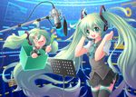  ahoge chibi detached_sleeves green_eyes green_hair hatsune_miku headset long_hair microphone multiple_girls music_stand necktie pop_filter project_diva project_diva_(series) skirt smile spring_onion studio_microphone syaron thighhighs twintails very_long_hair vocaloid 