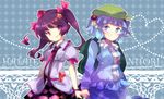  amo backpack bag blue_eyes blue_hair collaboration hair_bobbles hair_ornament hat himekaidou_hatate holding_hands kawashiro_nitori key multiple_girls necktie neko_ni_chikyuu purple_eyes purple_hair skirt tokin_hat touhou twintails 