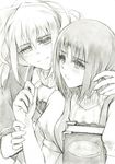  bad_id bad_pixiv_id blush book cheek-to-cheek face greyscale hanazono_shizuma hands highres holding_hands kisetsu monochrome multiple_girls open_mouth rokujou_miyuki sketch smile strawberry_panic! traditional_media 