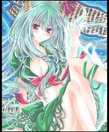  alternate_costume arm_support blush breasts cleavage crop_top ex-keine front-tie_top green_hair horn_ribbon horns kamishirasawa_keine large_breasts legs long_hair midriff multicolored_hair pekopokox ribbon scroll shikishi silver_hair sitting solo tail touhou traditional_media 