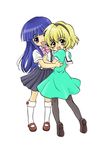  blonde_hair blue_hair bow dress fang furude_rika green_skirt hairband highres higurashi_no_naku_koro_ni houjou_satoko hug long_hair looking_back mary_janes multiple_girls open_mouth pantyhose pink_bow purple_eyes sailor_dress school_uniform shoes short_hair simple_background skirt socks standing suspenders suu_(susan) yellow_eyes 