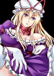  bad_id bad_pixiv_id blonde_hair breasts choker foreshortening from_below gloves hands hat hat_ribbon large_breasts lips long_hair mugenshiki purple_eyes ribbon solo thighhighs touhou white_gloves white_legwear yakumo_yukari 