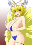  bikini breasts cleavage curvy fox_tail hat huge_breasts micro_bikini multiple_tails naughty_face sawa_(snack_yoshie) short_hair sideboob solo swimsuit tail thigh_strap thighs touhou yakumo_ran yellow_eyes 