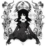  bad_id bad_pixiv_id black_hair black_rock_shooter bow collar collarbone dead_master green_eyes highres horns no_legs smile solo spot_color 