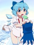  bad_id bad_pixiv_id bloomers blue_dress blue_eyes blue_hair blush bottomless bow cirno dress dress_shirt food hair_bow ice popsicle pyonta ribbon shirt short_hair solo sweat tonbi touhou underwear undressing water 