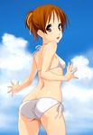  :d ass bikini blush breasts brown_eyes brown_hair cloud covered_nipples day from_behind hair_ribbon highres hirasawa_ui k-on! looking_back norizou_type-r open_mouth ribbon short_hair side-tie_bikini sky small_breasts smile solo swimsuit white_bikini 