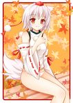  animal_ears bare_legs bare_shoulders detached_sleeves hat inubashiri_momiji leaf maple_leaf nikoo no_pants panties pointing pointing_up sitting solo tail tokin_hat touhou underwear white_hair white_panties wolf_ears wolf_tail 