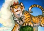  day food from_below fruit holding holding_food holding_fruit no_humans sky solo tiger toramaru_shou toramaru_shou_(tiger) touhou upg watermelon 