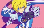  armor bad_id bad_pixiv_id belt blonde_hair blue_eyes cape copyright_name flynn_scifo gauntlets hands male_focus ninomoto pink_background shoulder_pads simple_background solo surcoat sword tales_of_(series) tales_of_vesperia weapon 