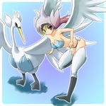  bare_shoulders bent_over blue_eyes breasts flippers gen_5_pokemon medium_breasts moemon no_pants personification pokemon pokemon_(creature) purple_hair swanna tenjou_ryuka visor wings 